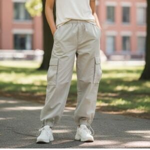 Almost Famous Women Cargo Pants‎ Beige Elastic Waist Drawstring Bottoms Size L